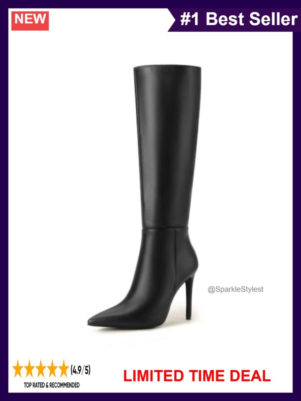 IDIFU Women's Knee High Pointed Toe Stiletto Heel Faux Leather Boots